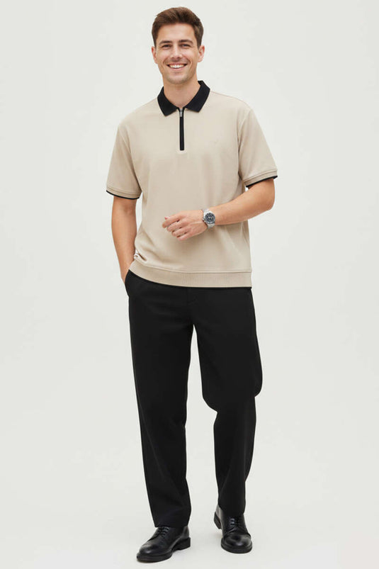 Polo Yaka Ribanalı Fermuarlı Erkek T-shirt Bej