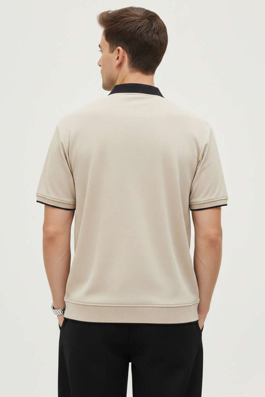 Polo Yaka Ribanalı Fermuarlı Erkek T-shirt Bej