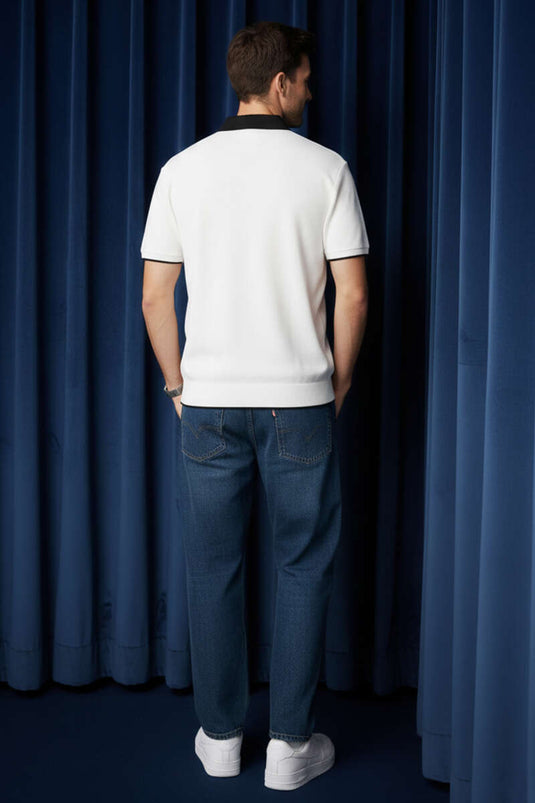 Polo Yaka Ribanalı Fermuarlı Erkek T-shirt Ekru