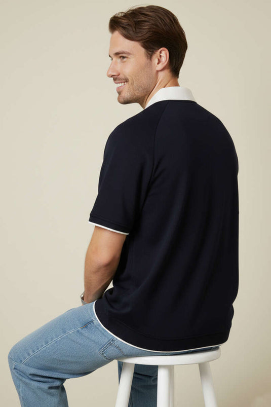 Polo Yaka Ribanalı Fermuarlı Erkek T-shirt Lacivert