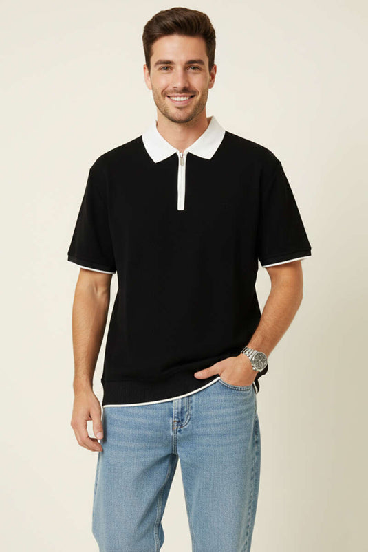 Polo Collar Ribbed Zip-Up Men's T-shirt Black