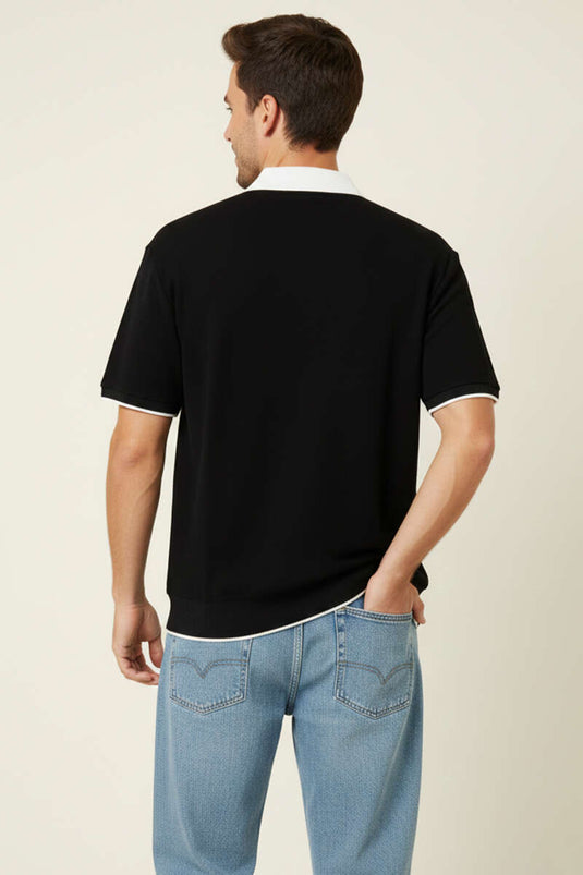 Polo Yaka Ribanalı Fermuarlı Erkek T-shirt Siyah