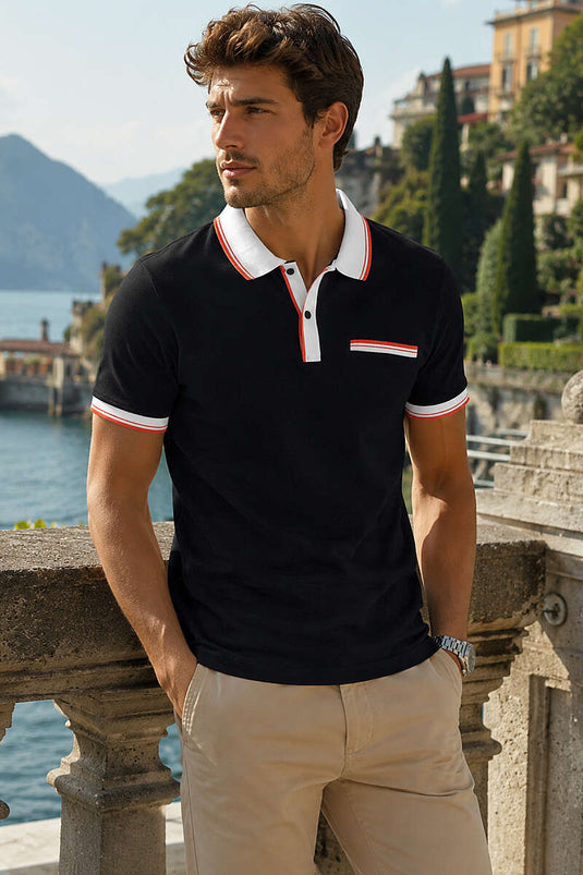 Polo Yaka Sahte Cepli Erkek T-shirt Siyah