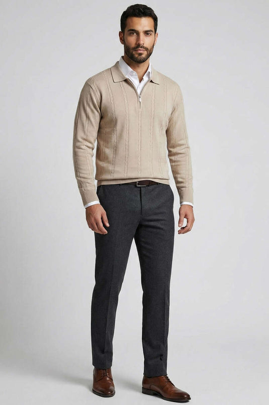 Polo Collar Spiral Striped Men's Sweater Beige