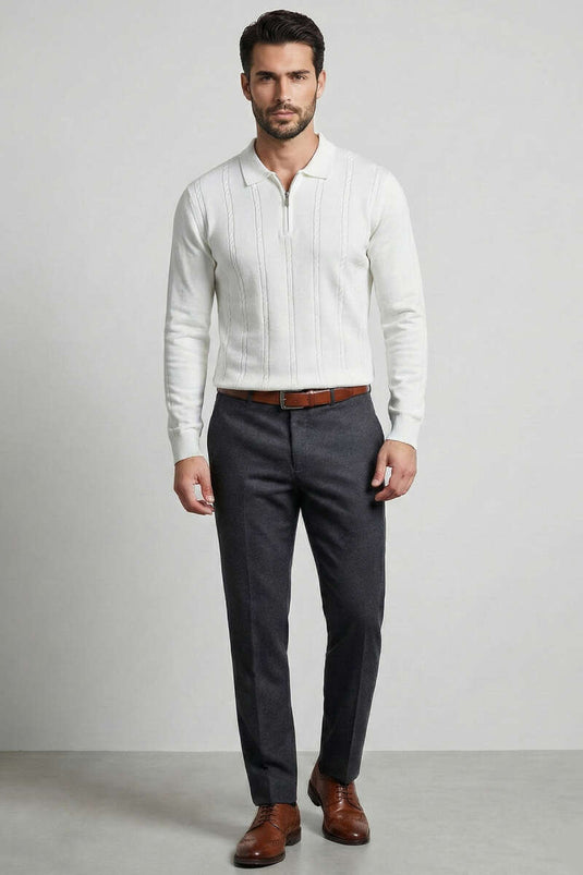 Men's Sweater with Spiral Stripes and Polo Collar White