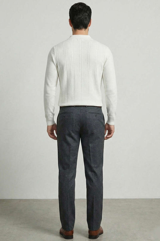 Men's Sweater with Spiral Stripes and Polo Collar White