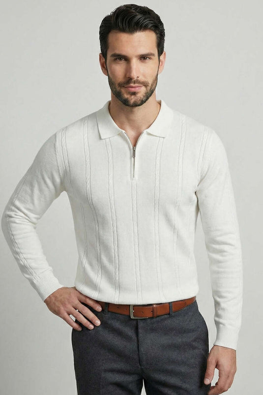 Men's Sweater with Spiral Stripes and Polo Collar White