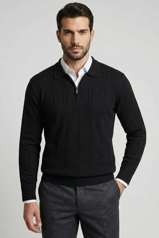 Pull à col polo à rayures torsadées pour homme noir