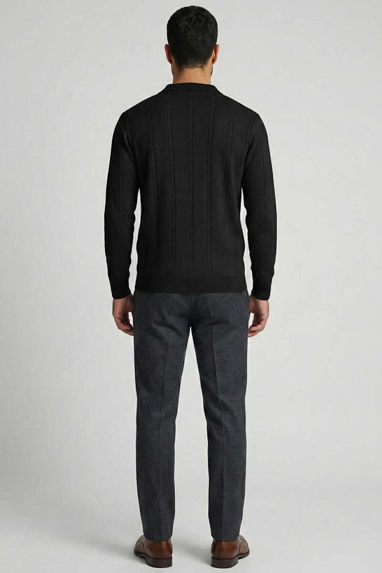 Polo Collar Spiral Striped Men's Sweater Black