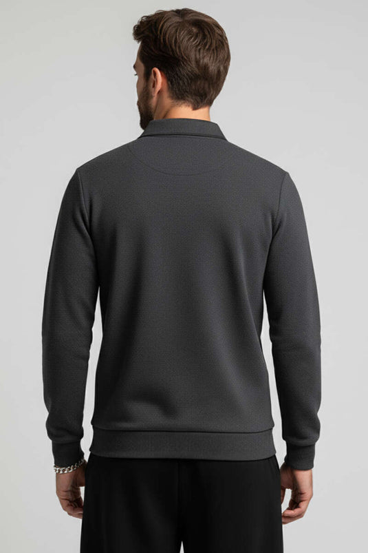 Anthracite Polo Collar Cotton Sweatshirt
