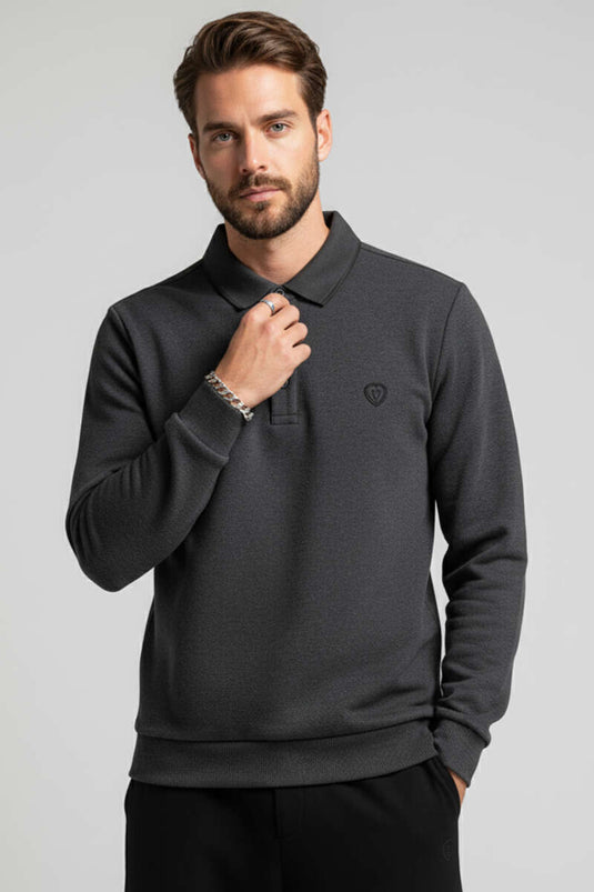 قميص قطني بياقة بولو بلون أنثراسيت