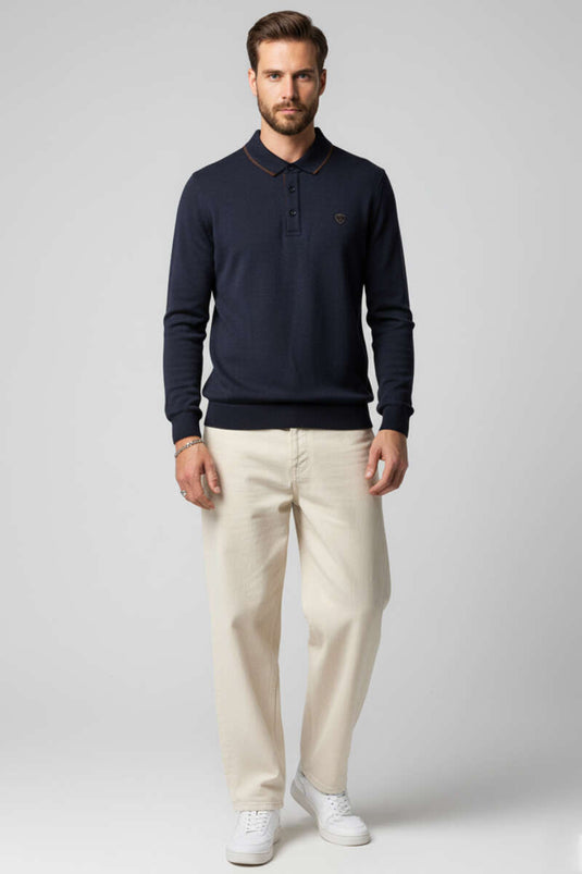 Polo Collar Cotton Sweatshirt Navy Blue