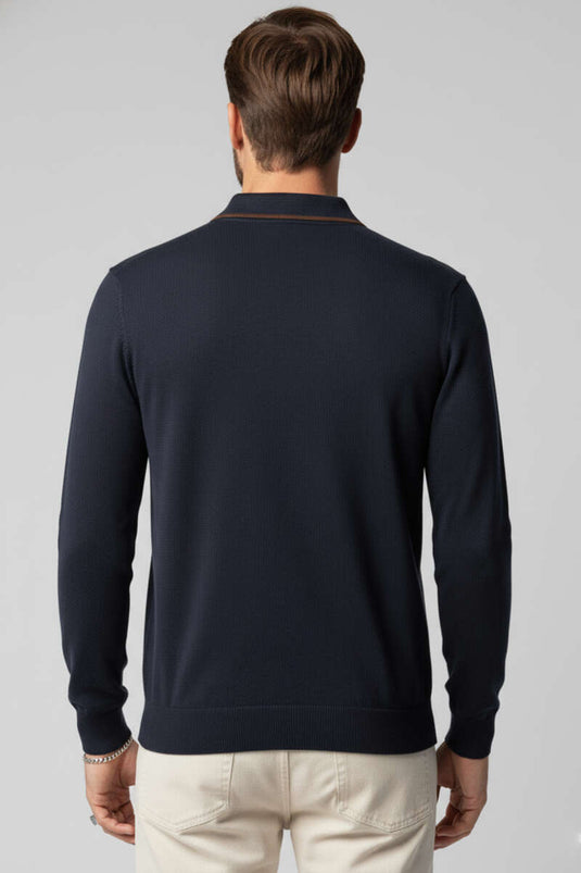 Polo Collar Cotton Sweatshirt Navy Blue