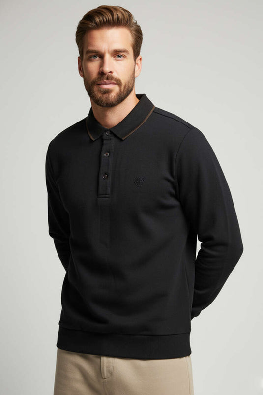 قميص بولو قطني أسود بياقة بولو