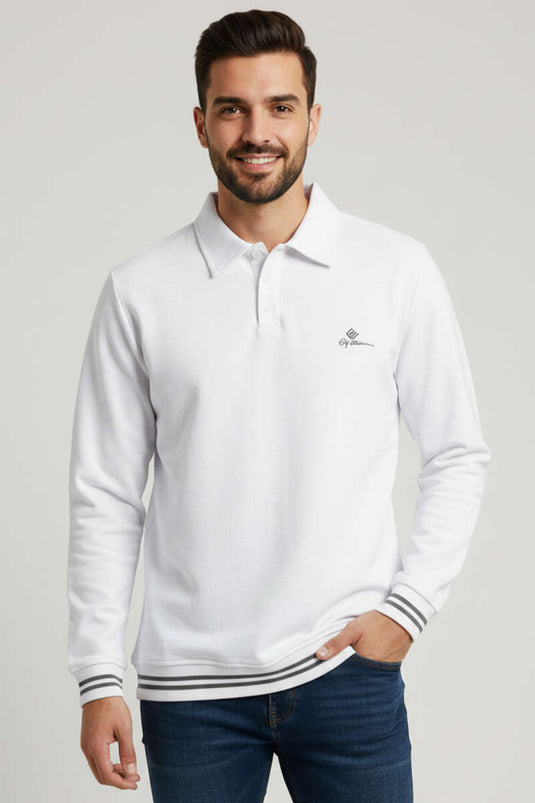 Buttoned Men's Sweatshirt with Polo Collar and Stripes White