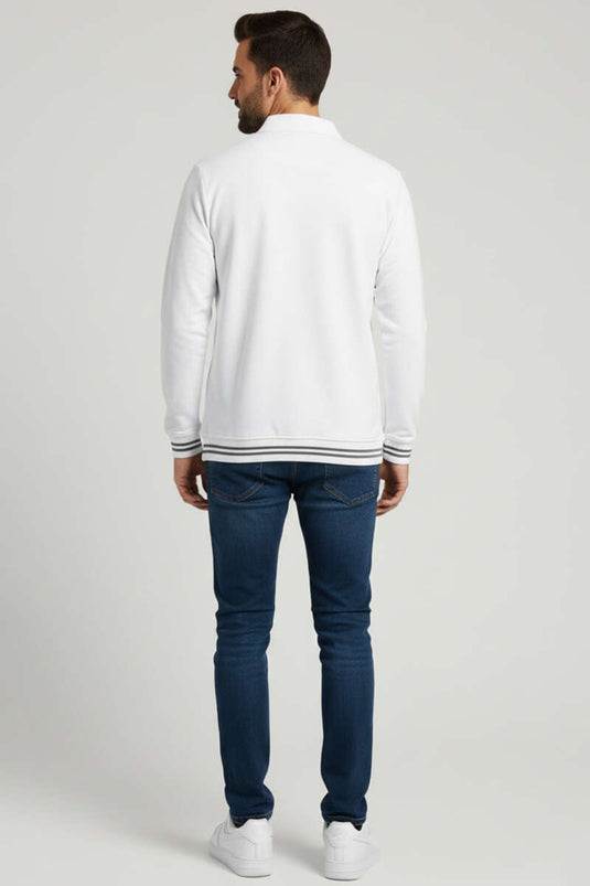 Buttoned Men's Sweatshirt with Polo Collar and Stripes White
