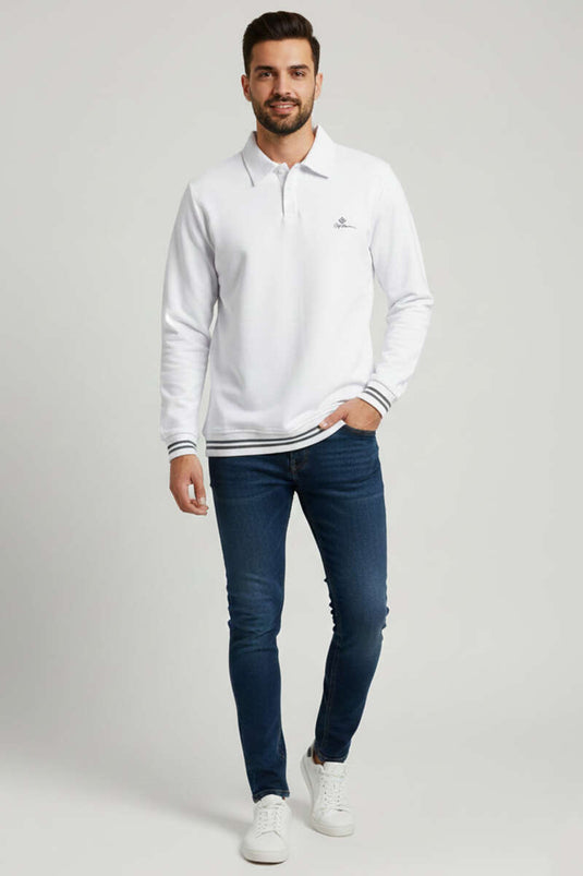 Buttoned Men's Sweatshirt with Polo Collar and Stripes White