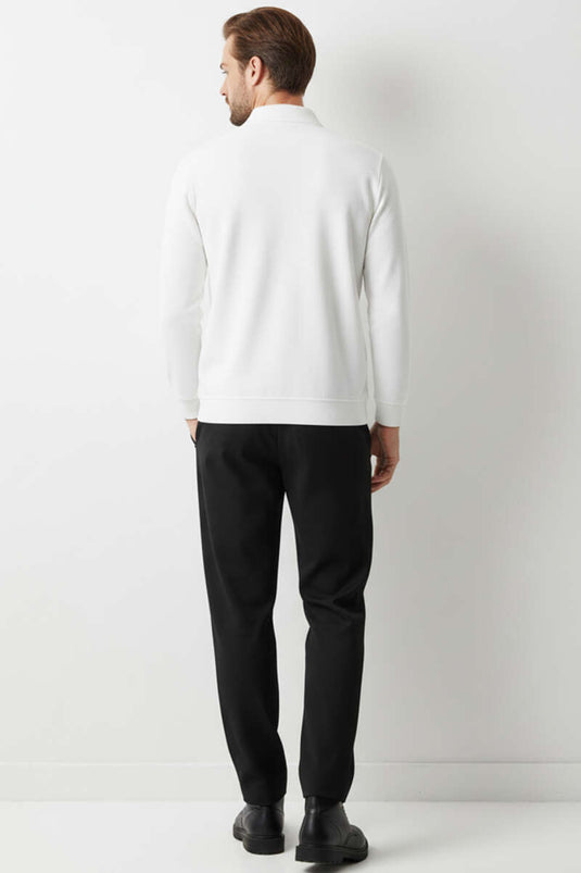 Men's Polo Collar Knitted Zip-Up Sweatshirt, Ecru