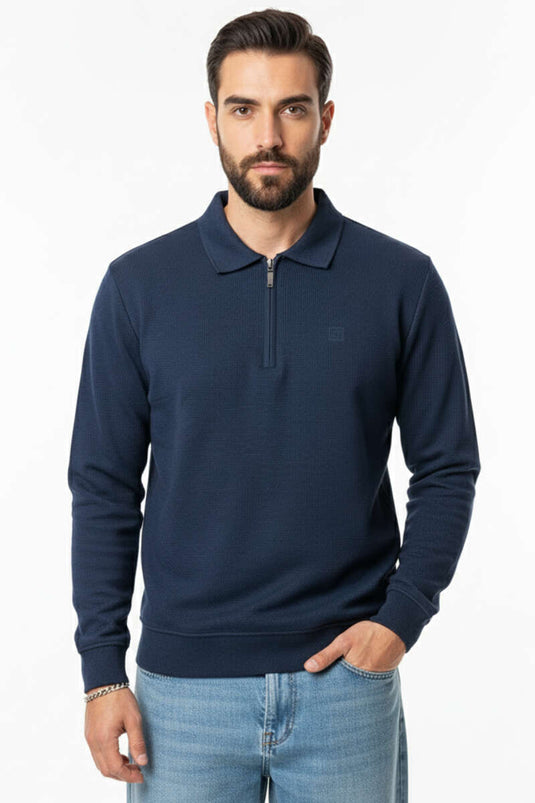 سويت شيرت رجالي بياقة بولو محبوكة بسحاب، لون كحلي
