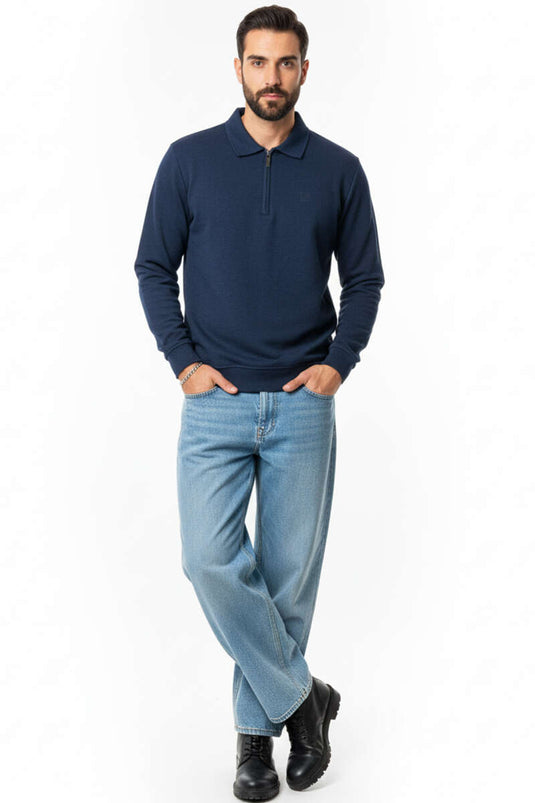 Men's Polo Collar Knitted Zip-Up Sweatshirt, Navy Blue