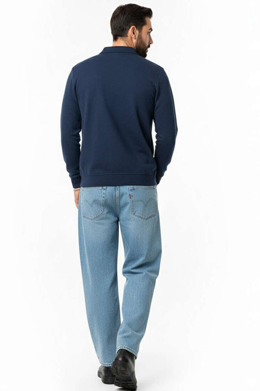 Men's Polo Collar Knitted Zip-Up Sweatshirt, Navy Blue