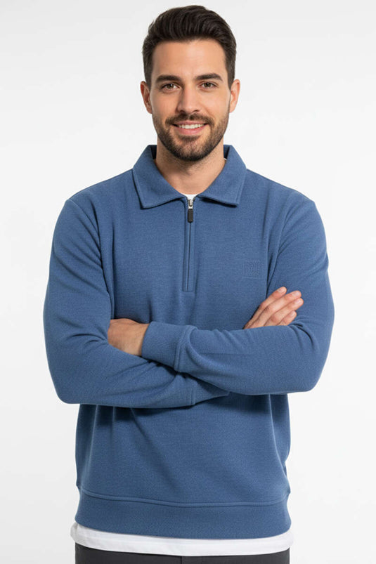 سويت شيرت رجالي بياقة بولو محبوكة بسحاب، أزرق