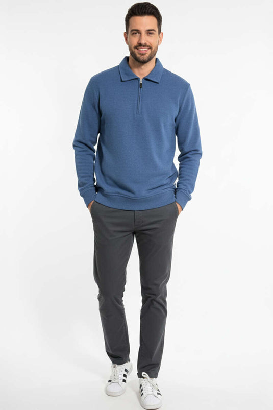 Men's Polo Collar Knitted Zip-Up Sweatshirt, Blue