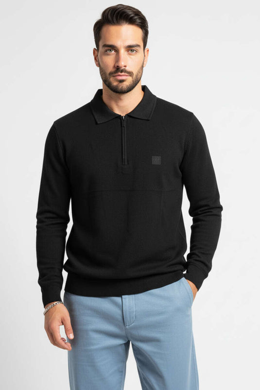 سترة رياضية رجالية بياقة بولو محبوكة وسحاب أمامي، أسود