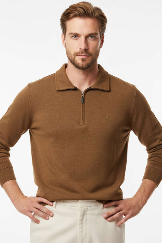 Herren-Sweatshirt mit Polokragen und Reißverschluss in Hellbraun