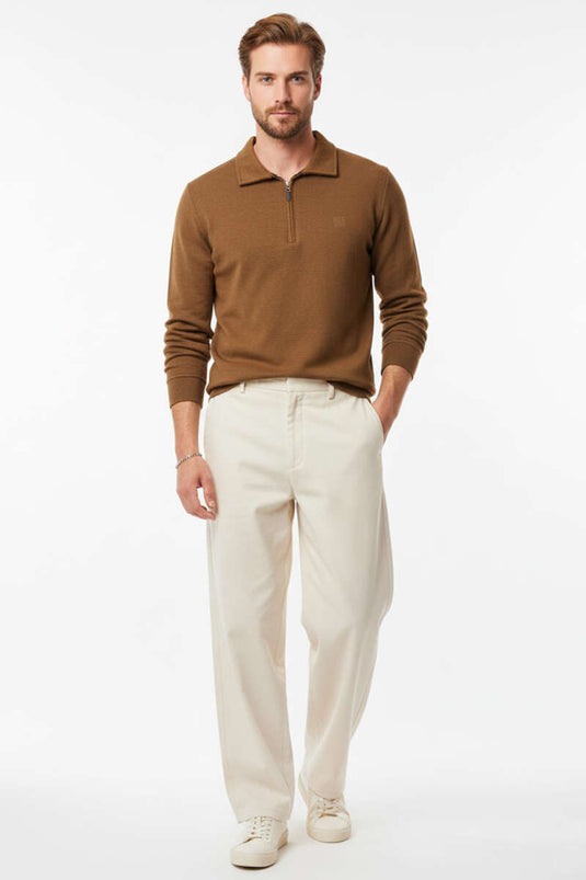 Men's Polo Collar Knitted Zip-Up Sweatshirt in Tan