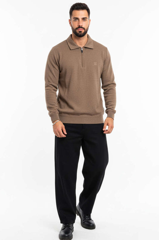 Men's Polo Collar Knitted Zip-Up Sweatshirt, Mink Color