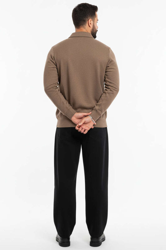 Men's Polo Collar Knitted Zip-Up Sweatshirt, Mink Color