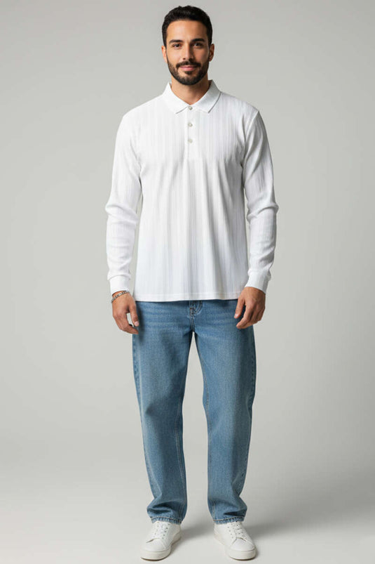 T-shirt homme à col polo et manches longues écru