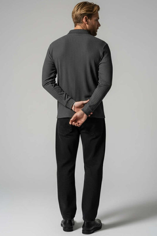 Polo Yaka Uzun Kollu Erkek T-shirt Füme