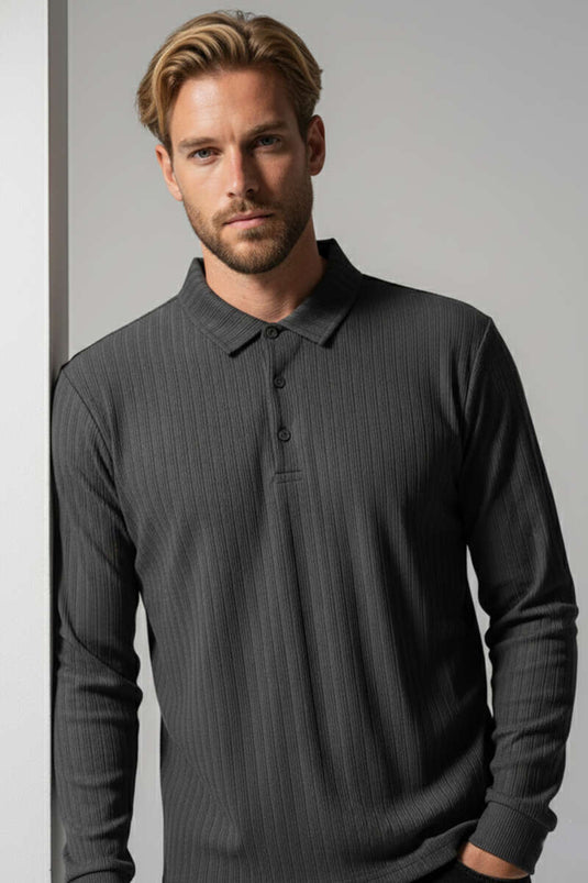 Polo Yaka Uzun Kollu Erkek T-shirt Füme