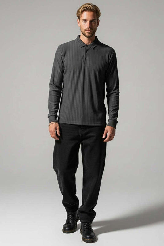 Polo Yaka Uzun Kollu Erkek T-shirt Füme