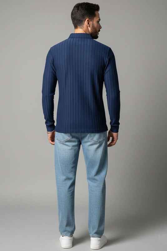 Polo Collar Long Sleeve Men's Shirt Navy Blue