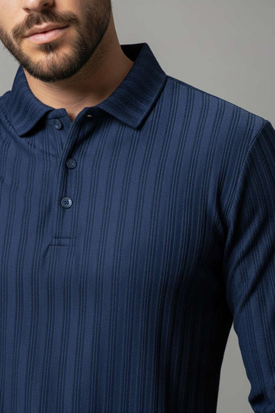 Polo Collar Long Sleeve Men's Shirt Navy Blue