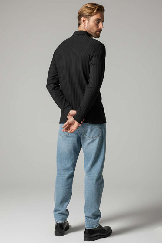 Camiseta de hombre de manga larga con cuello tipo polo negra