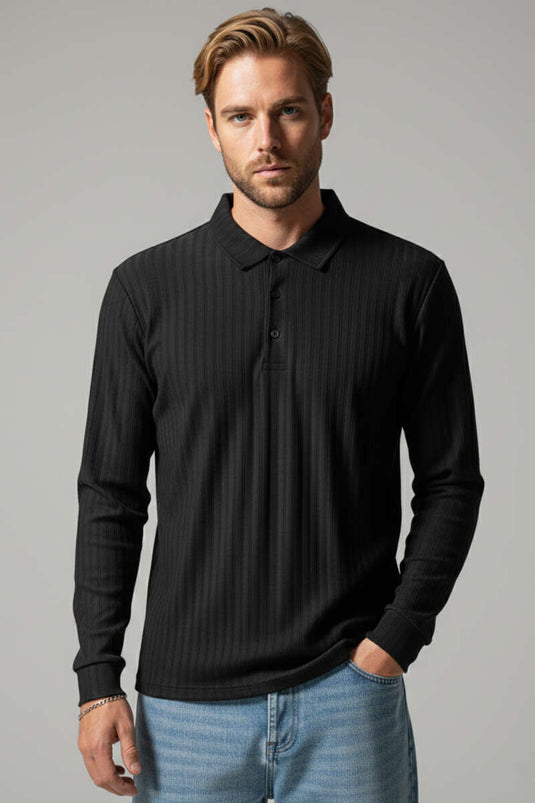 Camiseta de hombre de manga larga con cuello tipo polo negra