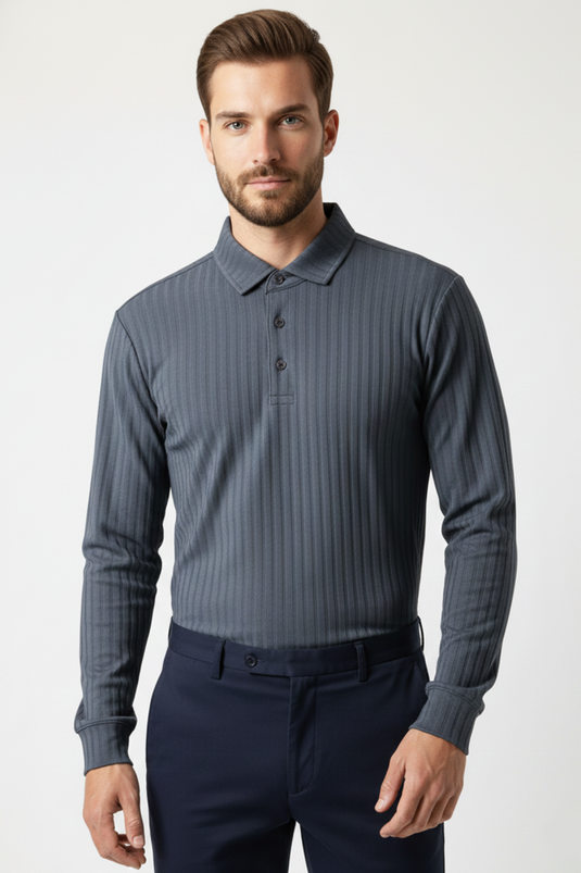 T-shirt homme à col polo et manches longues gris fumé