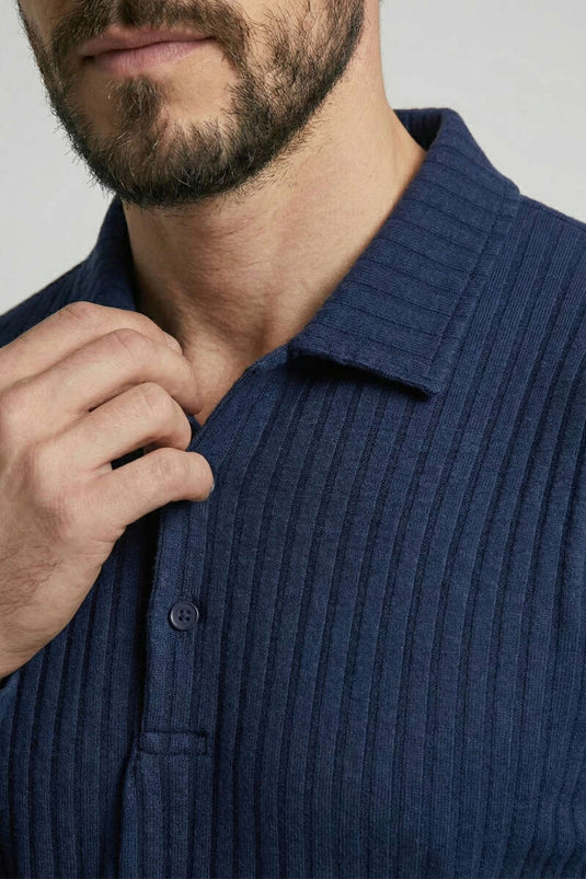 Long-Sleeved Men's Shirt with a Collar, Navy Blue