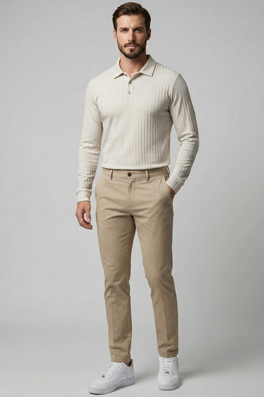 قميص رجالي بأكمام طويلة وياقة بولو بلون حجرية