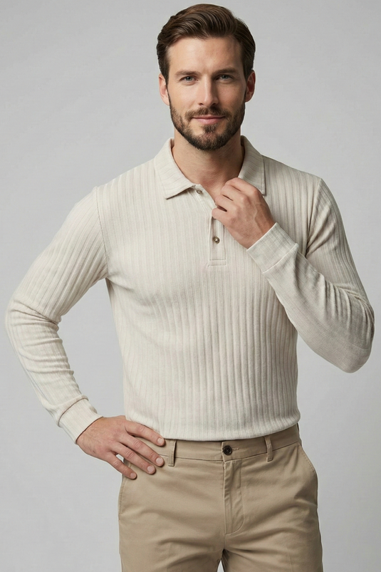 قميص رجالي بأكمام طويلة وياقة بولو بلون حجرية