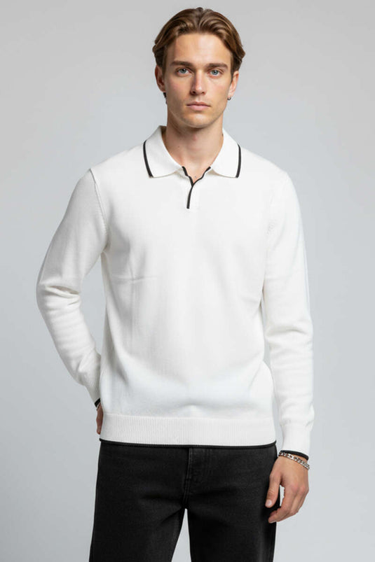 سويت شيرت رجالي أبيض بياقة بولو وأكمام طويلة محبوك