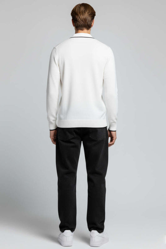 Men's Polo Collar Long-Sleeve Knitted Sweatshirt White