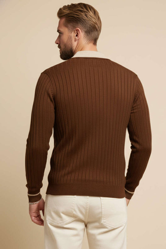 سويت شيرت رجالي محبوك بأكمام طويلة وياقة بولو، بني اللون