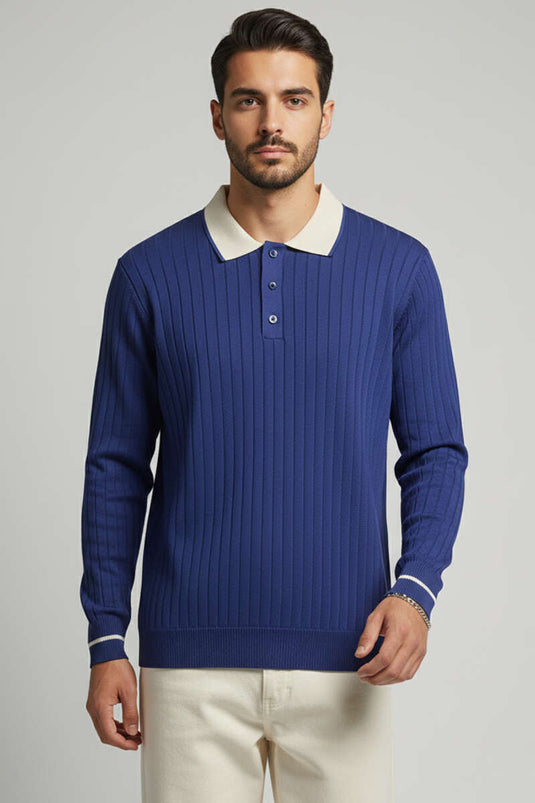 Polo Yaka Uzun Kollu Erkek Triko Sweatshirt Lacivert