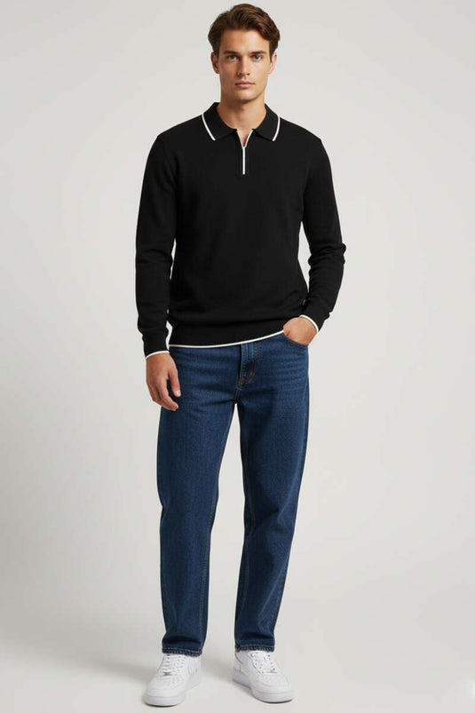 Men's Polo Collar Long-Sleeve Knitted Sweatshirt, Black