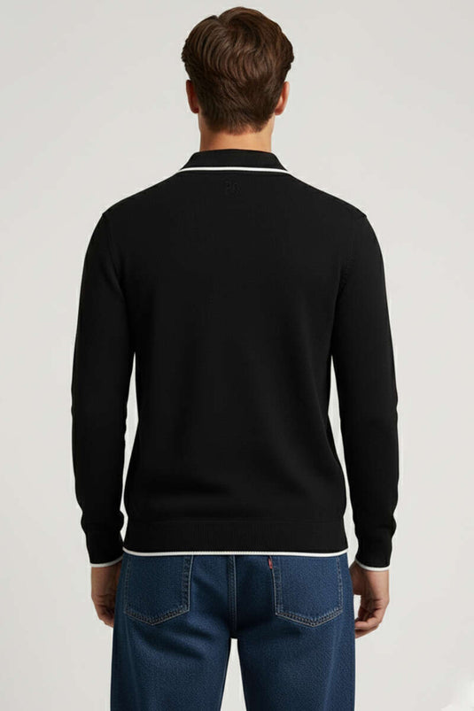 Men's Polo Collar Long-Sleeve Knitted Sweatshirt, Black
